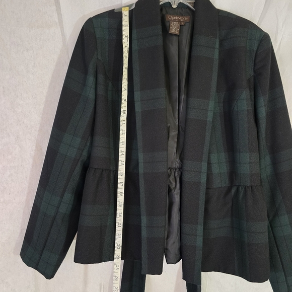 Chadwick Plaid Open Jacket Women Sz 14 Tartan Dark & Green Navy Belted Pleated - Picture 11 of 13